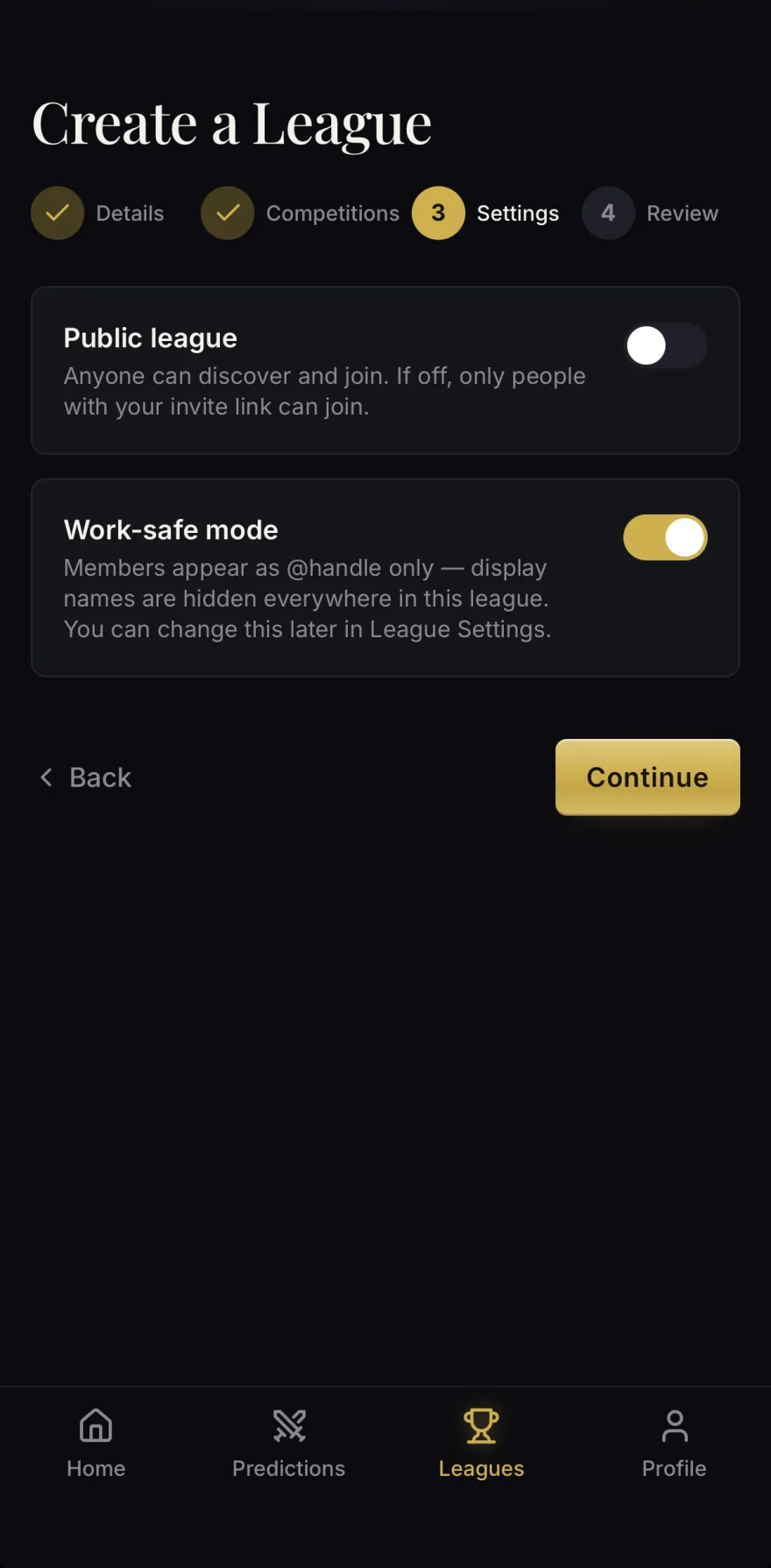 Create a league: settings