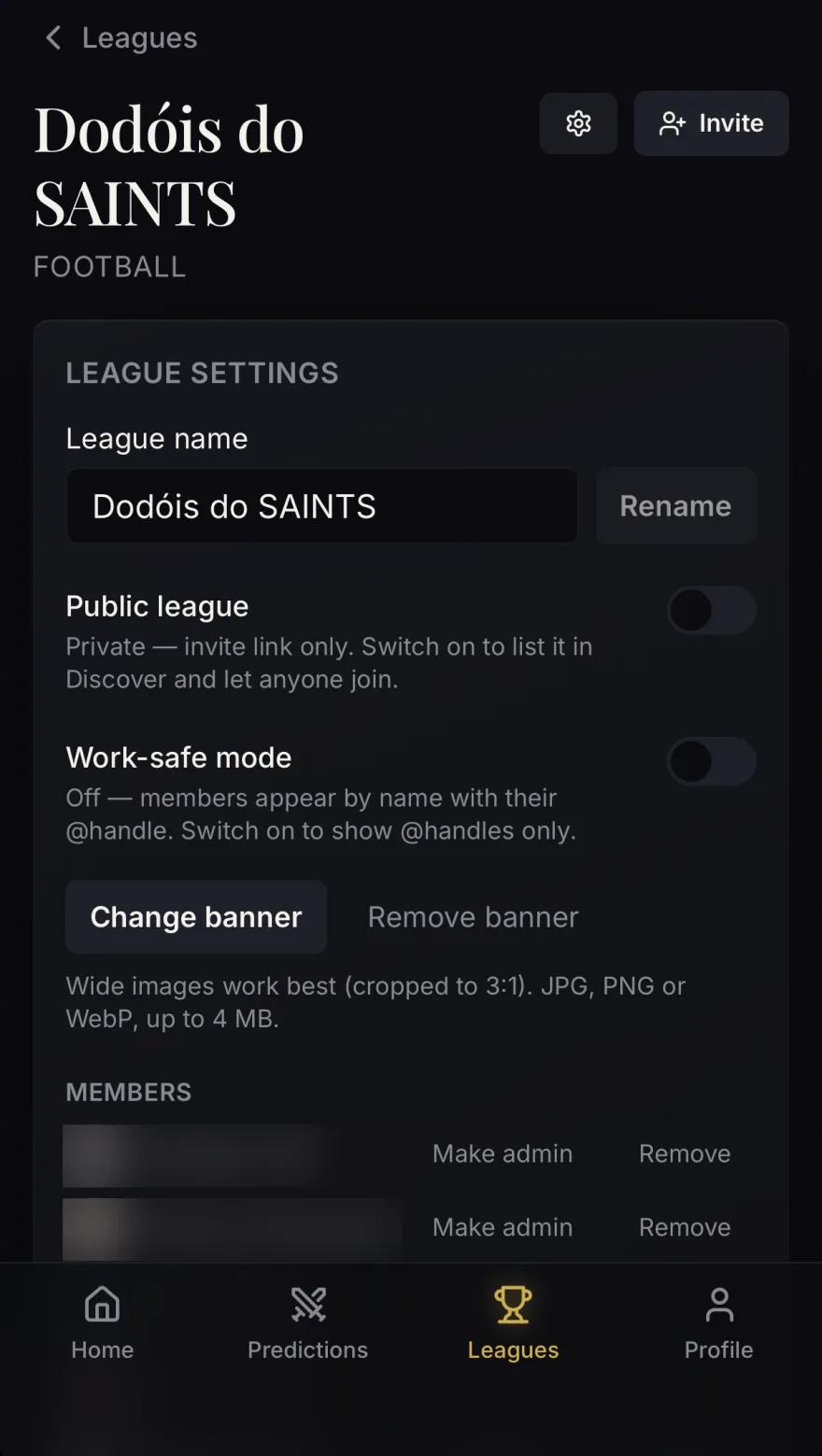 League settings: members and admins