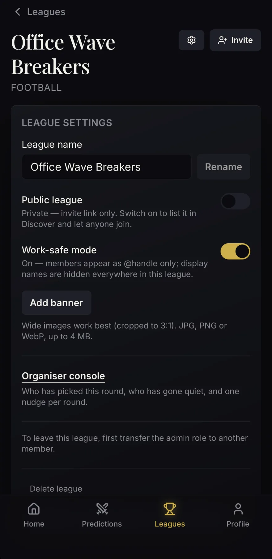 Configurações da liga: modo trabalho
