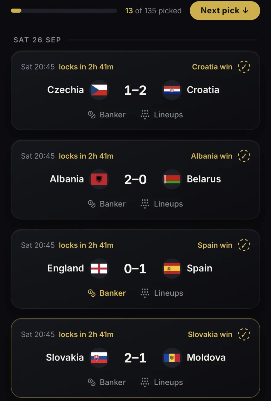 Predictions screen: sealed calls before kick-off